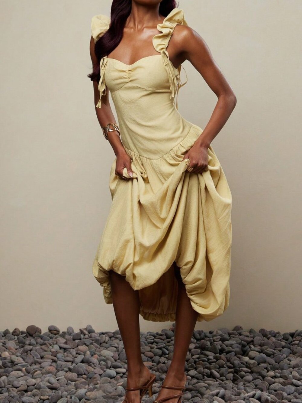Yellow Elegant Women's Balloon A Line Ruffle Strap Midi Dress - Picture 3 of 6